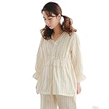 【小丸子の花轮クン】ガーゼ 素材 で 爽やか 着心地 マタニティ パジャマ チェック 柄 長袖 前開き 授乳口付 授乳服 オールシーズン ドレス 上下セット 二重ガーゼ 100％绵 素材 産前産後 (