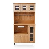 レンジ台 キッチン収納 木製 天然木 タモ材 スチール脚 スライド棚 コンセント付 キャビネット Btype 幅89cm 高さ175cm ナチュラル/ブラック