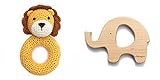 オーガニックバンブーカギ針編みライオンと木製象Teether Set