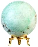 Crocon アマゾナイトクリスタルスフィアとメタルスタンドジェムストーンスフィアヒーリングボール彫刻風水占い用フィギュアホームハロウィンデコレーション写真サイズ：50-60 mm