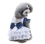 J-LAVIE 犬 服 小型犬 デニム調とレースのワンピース リボン バラのボタン 犬の服 ドッグウエア 春夏物 S M L 水色 紺色 (L, 紺色)