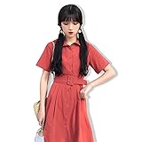 夏新作ワンピース 森ガール系 復古文芸風ワンピース ギャザーワンピース レディースワンピース 襟付き　無地　半袖コード（ベルト付き） (M)