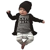 Ochine ベビー服　長袖 LAZY英字プリントTシャツ ＆ ストライプパンツ　上下 2点セット 長袖 ウエスト ゴム 仕様 セットアップ 子供服 ベビー パジャマ 普段着 ユニセックス 子供 ベビ