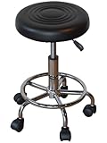 38cmDIA レザーラウンドスツール　キャスター/フットレスト付き　ブラック（黒）　ユーティリティーチェア