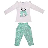 【ノーブランド品】0-4歳　秋　赤ちゃん　女の子　カジュアル　綿　シャツ　ズボン　上下セット　長袖　蝶結び　ウサギのデザイン　全3色4サイズ - ライトグリーン, 110