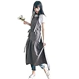 エプロン リネン素材 無地 オシャレ 可愛 前掛け 動きやすい 仕事用 家庭用 料理教室 保育士 カフェレストラン (グレー ポケット)