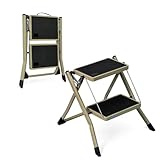 LIEKUMM 踏み台 2段 折りたたみ式 耐荷重150kg ステップ 踏み台 スチール製 滑り止め 脚立 足場台 作業台 コンパクト収納 台所 リビング 掃除用 洗車 トイレ 室内外兼用 カーキ