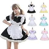 [COSSA] メイド服 コスプレ 萌え コンカフェ メイド 可愛い レース メイドコスチューム ショート丈 ロリータ ワンピース 大きいサイズ 仮装 ハロウィン 女装 人気 学園祭 レディース メンズ ハイソックス付き 5点セット 6色展開 (ブラック, 2XL)