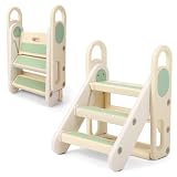 Thinkmax 子供用 踏み台 折りたたみ 2段 3段 手すり付き トイレトレーニング 簡単組立 滑り止め 幼児用踏み台 ステップ台 登り台 洗面所 手洗い キッズステップ (グリーン)