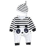 Juleyaing 新生児 赤ちゃん 男の子 女の子 ストライプ パンダ 印刷 ロンパース + ハット 子供服 幼児 ジャンプスーツ カバーオール コットン 長袖 秋冬 出産祝い 衣装