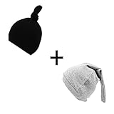 ベビーニット帽子 かわいい 赤ちゃん帽子 肌触りよく ローガニックコットン 無地 男の子 新生児 春 2点セット (グレー･ブラック, 0-6ヶ月)