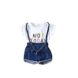 ベイビー服 Ｔシャツ 夏 女の子 Pojour 1-6歳子供かわいいオーバーオールデニム 2セット 綿 通気 白(80cm)