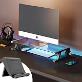 モニター台 机上台 スマホスタンド付き パソコン台 強化ガラス製 USBデータ転送付き デスクボード ノートパソコンスタンド USBケーブルx2付き モニタースタンド PC台 卓上 人間工学デザイン ノートパソコン/プリンター/iMac/タブレットパソコンに適用