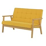 佐藤産業 2人掛け ソファー(120cm幅/座部:クロスステッチ) Sereno(セレノ) イエロー(肘部:ナチュラル) CS120YE FB NA