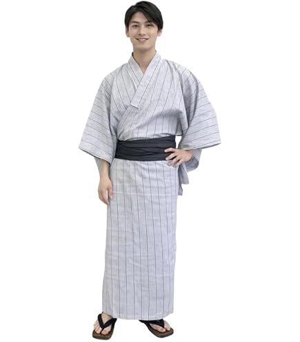 Amazon.co.jp: 浴衣6点フルセット 男性用 Mサイズ 綿麻 しじら 紺