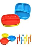 Re-Play Divided Plates Bowls Forks and Spoons SET - Recycled Milk Jugs BPA-free (BlueRedYellow) [並行輸