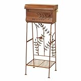 郵便ポスト　花台付きスタンドポスト　小鳥と植物　鍵付き ブラウン