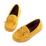 WIN ベビーシューズ キッズシューズ フォーマル モカシン 子供靴 リボン スエード ローファー 靴底 滑り止め おでかけ シューズ フォーマルシューズ 男女兼用 (内寸15cm, イエロー)