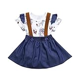 Kunton❤️ 6M -24M子供用フラワープリントフリル半袖+ストラップデニムスカート2枚 (18M/100)