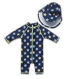 Bonverano ベビー水着　男の子　ワンピース　半袖ラッシュガード　キャップ付き　２点セット　UPF50+　紫外線対策　UVカット(3-6M 星)
