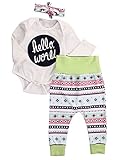 赤ちゃんの女の子男の子hello world模様ロンパース+パンツ+ヘッドバンド3枚衣装セット (6-12ケ月, 青)