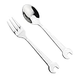YIJIAスパナ形状2個Flatware Set Includingステンレススチールthree-toothフォークとスプーン