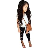 Domybest子供服　女の子　セットアップ キッズ服　半袖Tシャツ +パンツ　上下 2点セット　レース　穴あきパンツ　赤ちゃん　キッズ　ガールズ　カジュアル　お出かけ　普段着 春　夏　秋 (120（
