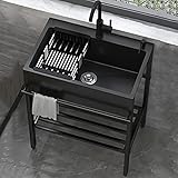 業務用 シンク 1槽式 フリースタンディングステンレスユーティリティシンクランドリーシンク 流し台 ステンレス製 フリースタンディングブラックキッチンシンク スタンド付きポータブル手洗いステーション シングルボウルキッチンシンク 犬の入浴用屋外シンクステーション、ガレージ (Size : 68x45 cm)