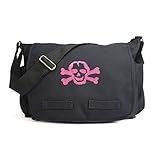 Black Heavyweight Canvas Messenger Bag Carry-All Diaper Bag with Glitter Pink Skull by Crazy Baby Cl