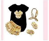 ANB- Baby Girl Clothes 4pcs Clothing Sets Black Cotton Rompers Golden Ruffle Bloomers Shorts Shoes H