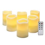 Set of 6 Ivory Melted Edge 4" Flameless Wax Pillar Candles with Remote [並行輸入品]