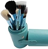 NN.HRD メイクブラシ セット 便利で丈夫な レザーケース 柔らか やさしい肌触り (レザー筒ケース 12set アクアブルー)