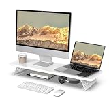 Fenge モニター台 卓上 モニタースタンド デスクシェルフ パソコン台 木製 スチール製 pc モニター台 机上台 卓上ラック 机上ラック デスク周り収納 (ホワイト, 108cm)