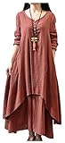 [JINJUDUO] リネン ルーズ シンプル ワンピース 無地 Vネック Aライン ダブルドレス 春 夏 ロング (ブリックレッド, XXXL)