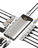 NOVOO 15-in-1 4K@60Hz USB C ハブ【3画面モード/ワンクリックで画面オフ/LEDライト/デュアル4K/30cm延長ケーブル/収納型】ドッキングステーション【2 HDMI+VGA+5 USB+2*USB C 5Gbpsデータ転送+PD 100W急速充電+SD+TF+RJ45+3.5mmオーディオ+マイク】NEC/iPhone 16