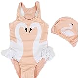 TMM　子供用水着 水着ワンピース 水泳帽付き 2点水着 連体 白鳥フリル かわいい ガールズ水着 スイミング 水泳キャップ ビーチ 温泉 遊び (100cm, ピンク)
