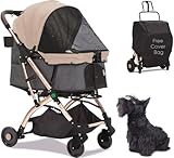 Totoro ball ペットカート 犬 バギー 4輪 犬用かーと 小型犬 中型犬 猫 多頭 ペットキャリーカート ワンタッチ折り畳み コンパクト收纳 自立式 ペットバギー犬介護用かーと軽量前輪360°回転 後輪ブレーキ付 飛び出し防止 組み立て簡単 耐荷重30KG 外出便利 (ベージュ+グレー)