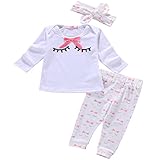 ベビー　子供服　綿　長袖Ｔシャツ　ロングパンツ　ヘッドバンド　3点セット　蝶結び　まつげプリント　超柔らかい　可愛い　女の子　出産祝い　普段着　秋冬パジャマ (100)