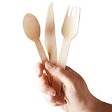Wooden Disposable Cutlery 300 pc Set by BuzzWoods | Eco-Friendly Compostable Flatware Utensils | 100