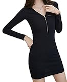 【Smile LaLa】 レディース ワンピース ワンピ トップス ミニ 長袖 セクシー ジップ 胸開き タイト スリム きれいめ 春服 秋服 (Ｌ, ブラック)