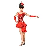 女児 ラテンダンス 練習 演出服 社交ダンス衣装 ラテンダンス衣装 スパンコール スパンコール ドレス ネックレス アームカバー 髪飾り 4点セット (140, レッド)