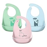 赤ちゃん お食事エプロン シリコン（3点セット） 6段調節 6ヶ月から5歳まで適用 保育園 離乳食 柔らかい 防水 清潔易い 持ち運び便利 ベビー ビブ スタイ 出産のお祝い（ピンク/緑/青い）