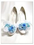 【プリザーブドフラワー／シューズクリップ／靴に付けるアクセサリー】ブルーローズと羽飾りとレースのプリンセスの輝きをまとって【 ラッピング付き】