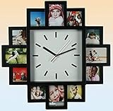 NEW BLACK HANGING MODERN 12 MULTI PHOTO FAMILY PICTURE FRAME & TIME WALL CLOCK