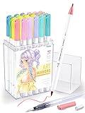 Ohuhu アートマーカーペン 水性マーカー 24色 中間色 ふで・細 イラストマーカー 水彩ペン 水性 ふでタイプ ブラッシュ イラスト