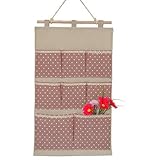 Starsource Lined /コットン生地6ポケット壁ドアクローゼットHangingストレージバッグオーガナイザーwith木製ハンガー、ドット/正方形,ブルー ピンク TR-BA-123-G