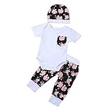 Lutents ベビー服 ロンパス カバーオール 三点セット 半袖 花柄 ロングパンツ 帽子付き 可愛い 女の子 カジュアル 快適 着心地良い 歩行服 パジャマ 新生児 出産祝いプレゼント