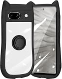 Google Pixel 7A 用 ケース クリア カバー 猫耳 リング付き リングホルダ かわいい おしゃれ スタンド付き ストラップホール ピクセル7a スマホケース 多機能 全面保護 落下防止（ブラック）