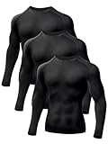 Odoland 3枚組 メンズ 長袖丸首 コンプレッションウェア 伸縮 吸汗速乾 加圧シャツ スポーツインナー ブラック L