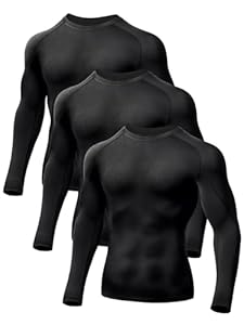 Odoland 3枚組 メンズ 長袖丸首 コンプレッションウェア 伸縮 吸汗速乾 加圧シャツ スポーツインナー ブラック L